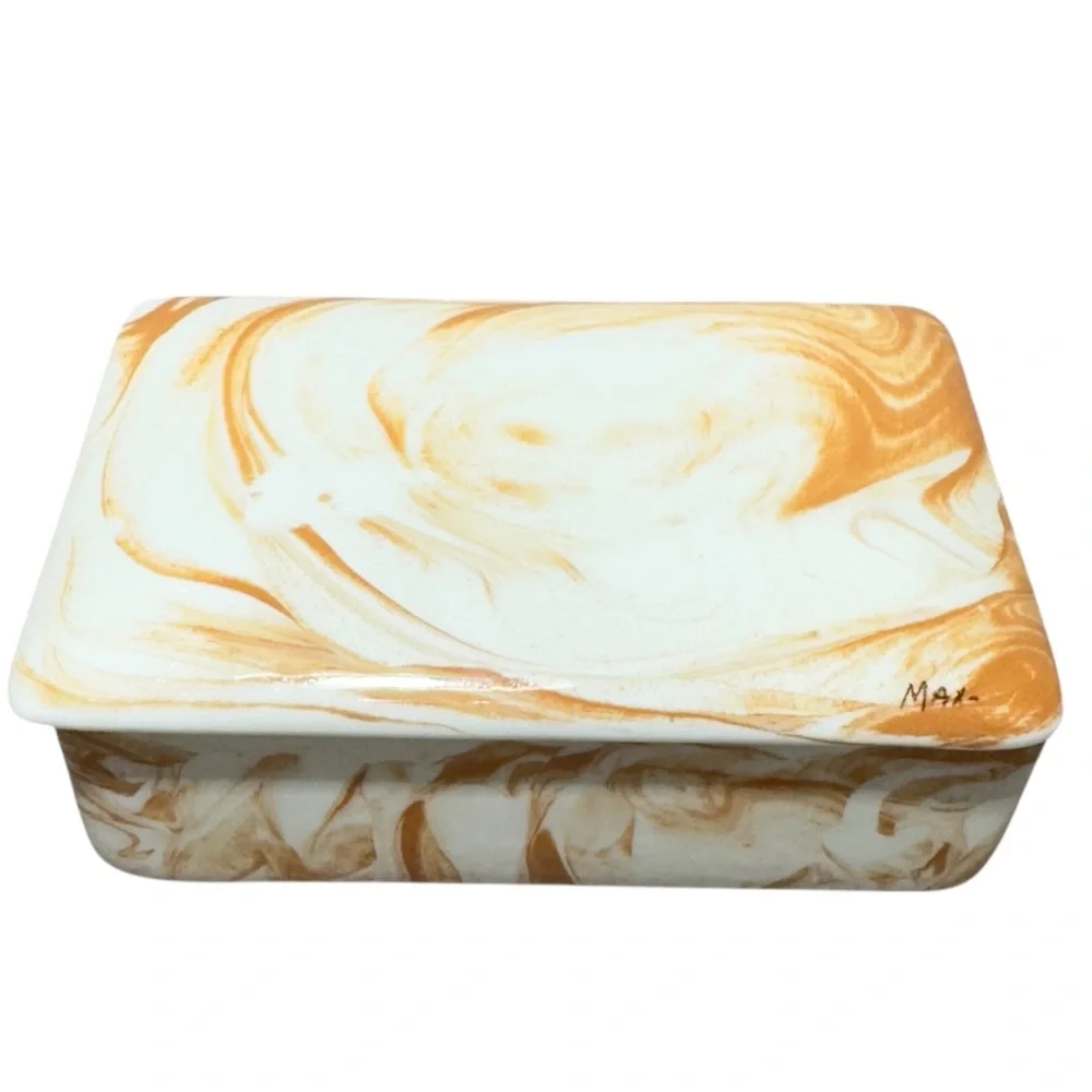 Vintage Jewelry Box Trinket  Handmade 5x4 Signed Smooth Clay 5x4x2 Swirl
